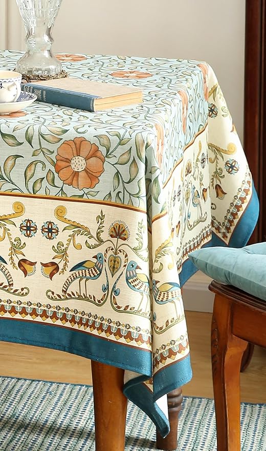 patdrea Designer French Linen Blue Tablecloth for Sqaure Table,Vintage Floral Table Cloth,Colorful Decoration Small Cover Kitchen Dining for Tea Party,Thanksgiving,Christmas,67"x67"-Wensel