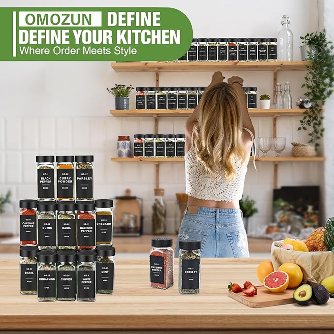 Spice Jars with Label, 12pcs 4oz Glass Spice Jars with Black Lids, Square Spice Containers with 152 Labels and Shaker Inserts, Empty Seasoning Bottles for Drawer, Cabinet, Seasoning Organizer