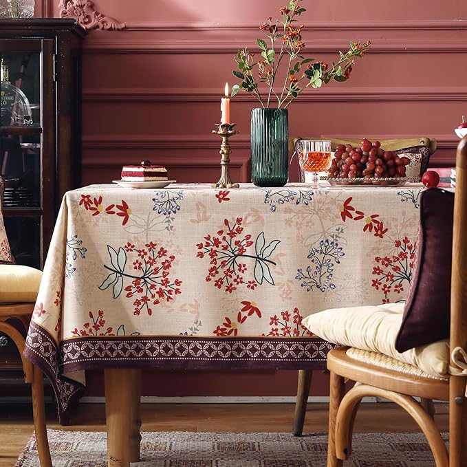 patdrea Designer French Linen Extra Long Tablecloth for Rectangle Table,Vintage Red Floral Tablecloths,Table Cover for Kitchen Dining,Tea Party,Christmas,Thanksgiving,Holiday,67"x118"-Newmari