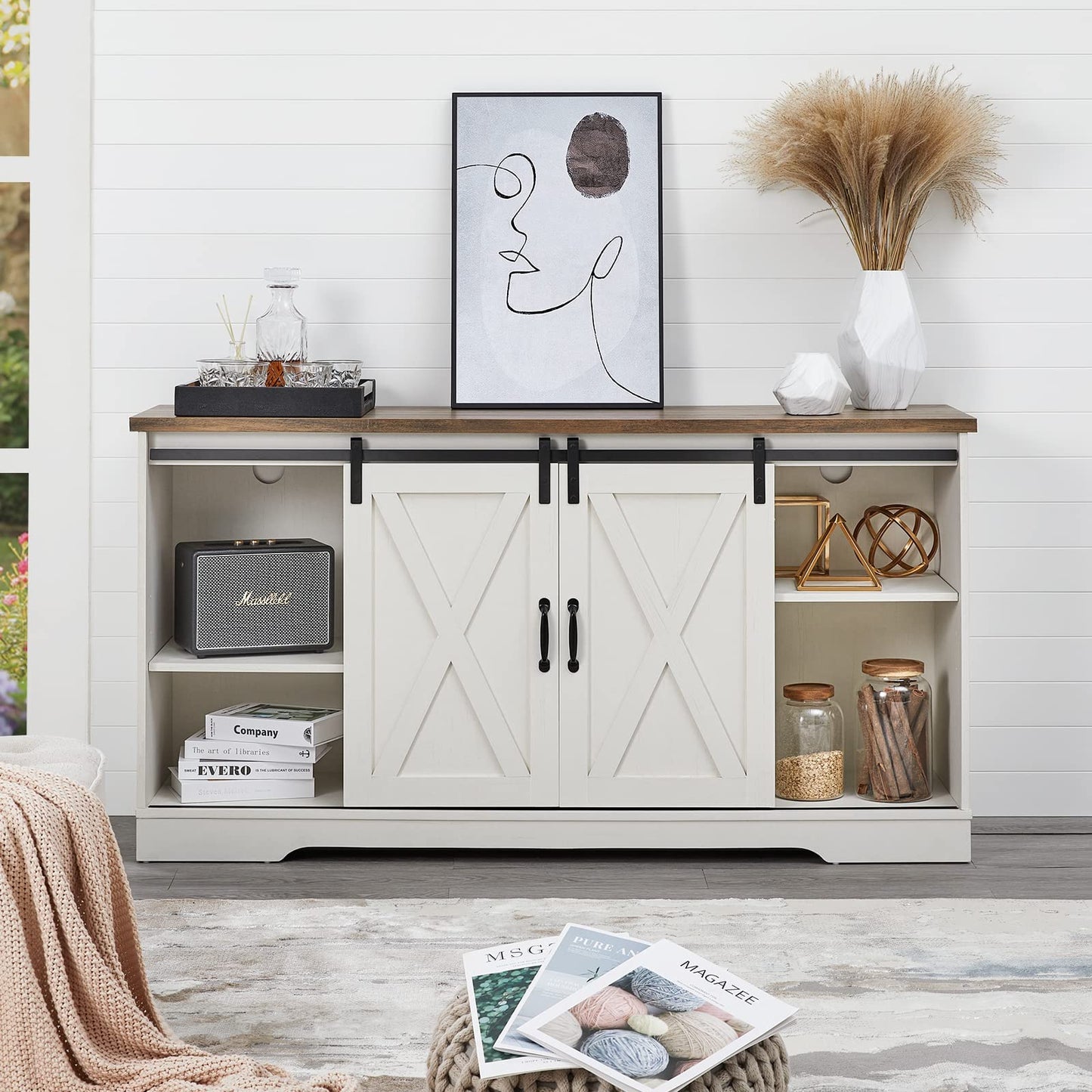AMERLIFE Fireplace TV Stand with Sliding Barn Door for TVs up to 65", Farmhouse 59" Fireplace Entertainment Center with Storage Cabinets/Adjustable Shelves, Distressed White & Barnwood