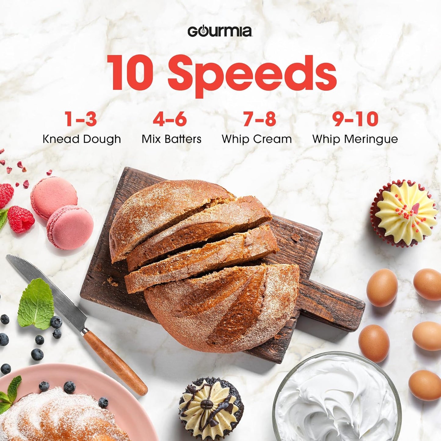 Gourmia 5 Quart 10-Speed Electric Stand Mixer with Bowl + Shield, Dough Hook, Whisk and Beater - Household Kitchen Standing Dough Maker Machine