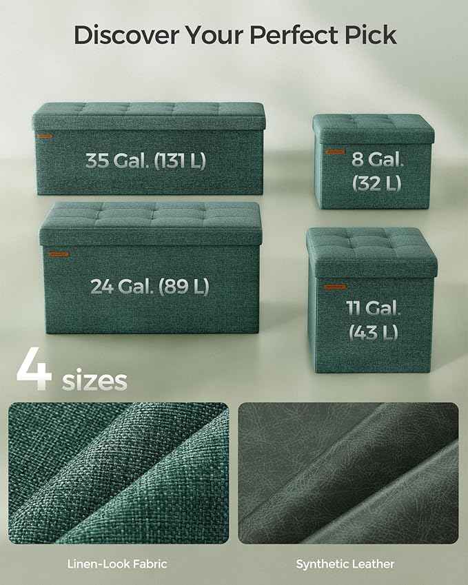SONGMICS MAZIE Collection - 43 Inches Folding Storage Ottoman Bench, Ottoman Foot Rest, End of Bed Bench, Storage Chest, Load 660 lb, for Living Room, Bedroom, Entryway, Retro Green ULSF077C01