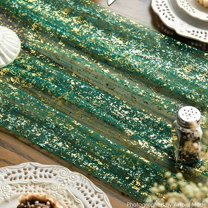 Artoid Mode 6PCS Green Gold Gauze Table Runner 120 Inch 10FT, Glitter Metallic Foil Sheer Dining Wedding Anniversary Holiday Table Decor for Home Party