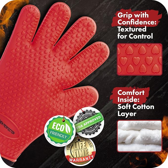 Kitchen perfection XL Silicone Smoker Oven Gloves-Extreme Heat Resistant BBQ Gloves-Handle Hot Food Right on Your Grill Fryer&Pit|Waterproof Grilling Cooking Baking Mitts|Superior Value Set+3 Bonuses
