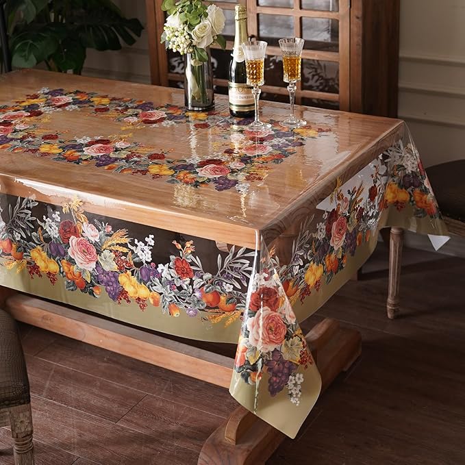 Clear Table Cover Protector Vinyl PVC Rectangle Table Cloth Oil Spill Proof Plastic Tablecloths for Dining Tables Parties Holidays (Floral Fruit, 60 x 104 Inches)