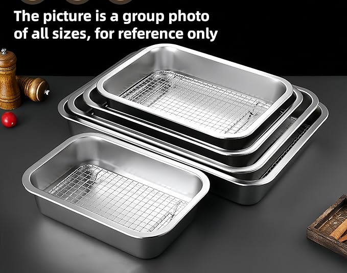 Stainless Steel Sturdy Roasting Pan with Cooling Rack – Oven, Toaster & Grill Safe, Deep Edge, Smooth Finish, Dishwasher Safe – Perfect for Turkey, Chicken, BBQ (14x10.4x2.8in)