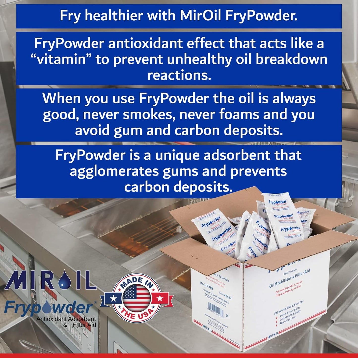 MirOil P100 Fry Powder Oil Stabilizer and Filter Aid, 90 x Size C Portion Pack(160ML Each) Fry Powder, Food Centers Cook Hotter, Deep Fryer Cooking Oil Saver Helps Save Grease & Remove Carbon Deposits