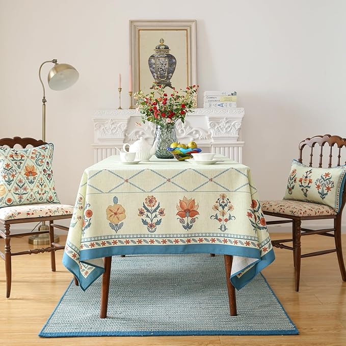 ISAENNE Designer Linen Floral Small Square Tablecloth,Light Green Farmhouse Durable Table Cloth,Washable Decor Tablecloths for Dining Kitchen Thanksgiving Christmas,55"*55"-Floralsea B