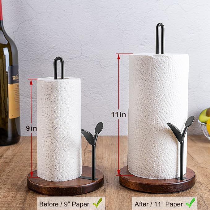 Paper Towel Holder Countertop, Wood Paper Towel Holder Stand, Easy One-Handed Tear Rustic Paper Roll Holder for Kitchen Dining Table Home Decor, High Model Easy to Install(for 11" Paper)