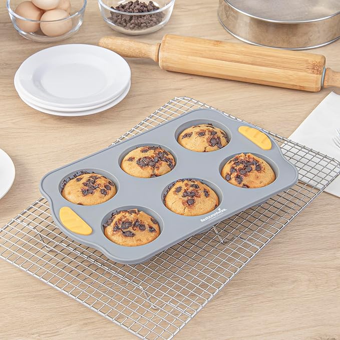 Restaurantware Silicone Baking Mold Pack of 1 Non-Stick Muffin Mold with Handles 6 Compartments, Oven-Friendly Dishwashable Freezer-Friendly Heat-Resistant Gray Silicone Cupcake Muffin Pan