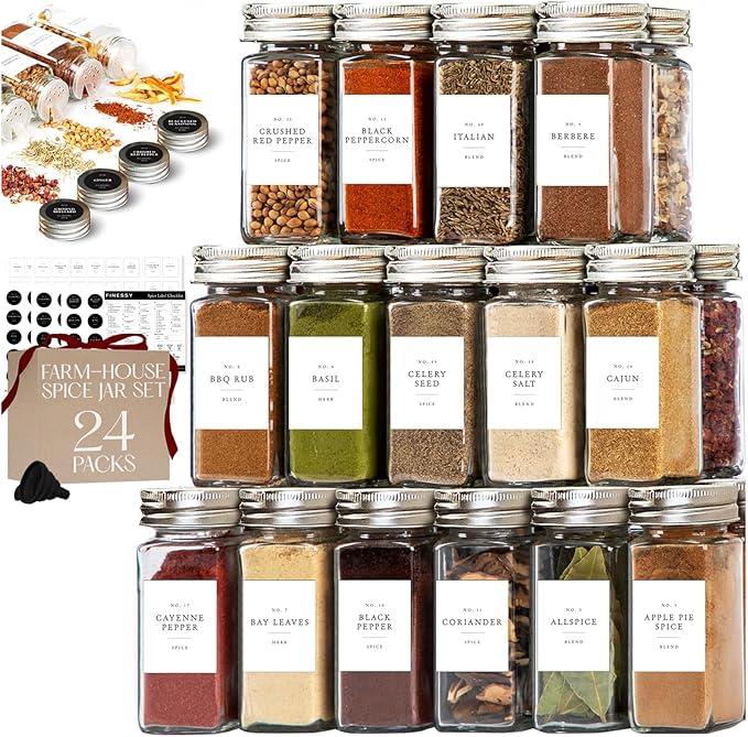 FINESSY Glass Spice Jars with Labels with Metal Lids and Shakers 24 Pack Set, 4oz Small Empty Air Tight Spice Containers with Labels, Clear Seasoning Containers Herb Bottles Kitchen Storage Organizer