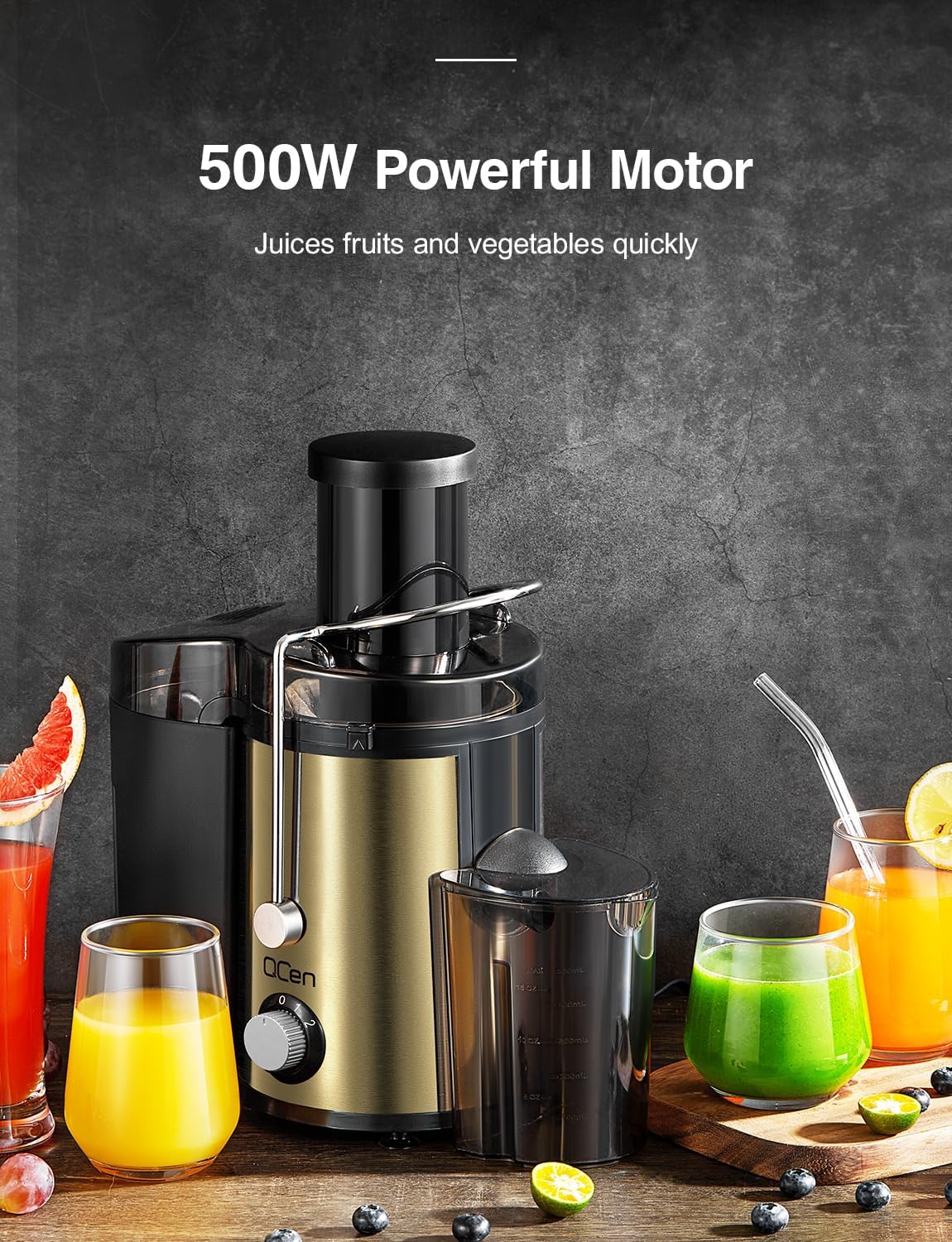 Juicer Machine, 800W Centrifugal Juicer Extractor with Wide Mouth 3” Feed Chute for Fruit Vegetable, Easy to Clean, Stainless Steel, BPA-free (Gold)