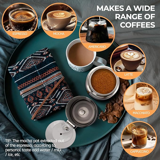 4 Cup 200ml Moka Pot Stainless Steel Espresso Coffee Maker Stovetop Coffeemaker Italian Classic Style Brewing Greca Cafe Mocha Machine for Cafeteras Lover Camping Travel and Home Use 6.6oz