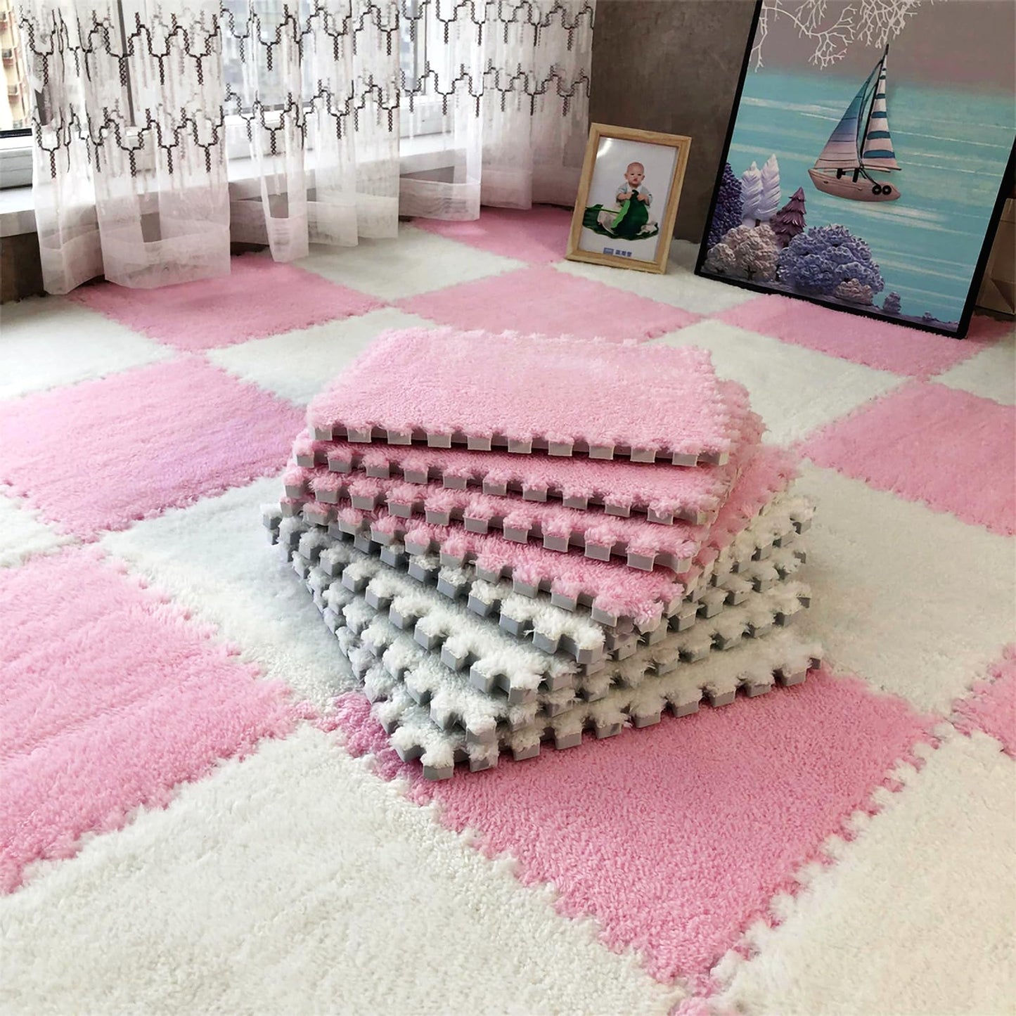 easycustomerlee 12pcs Interlocking Carpet Shaggy Soft EVA Foam Mats Fluffy Rugs Protective Floor Tiles Play Mats for Children Kids Room Home Parlor Bedroom(Pink)