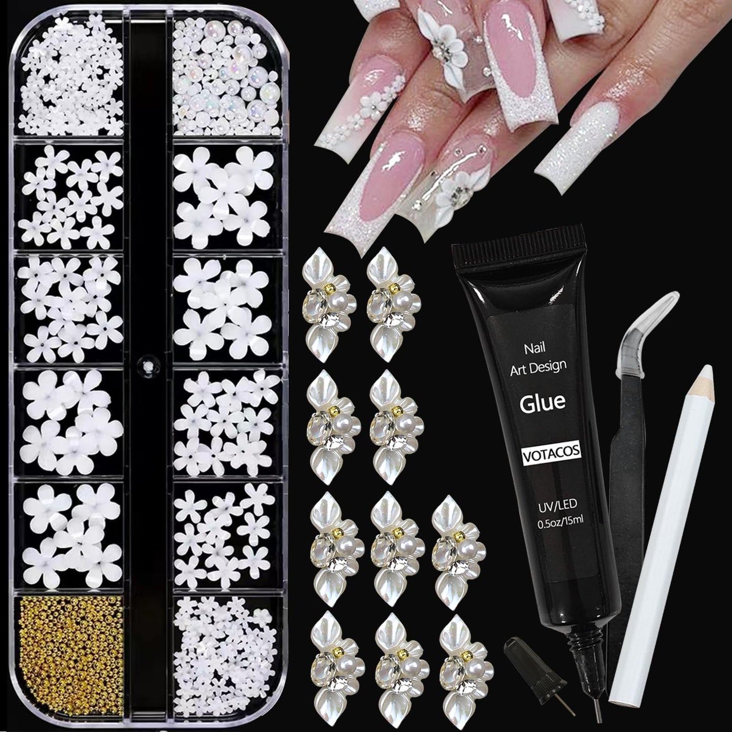 VOTACOS Nail Art Charms White Nail Rhinestones with Nail Glue Gel Flatback Pearls Nail Charms Luxurious Nail Supplies Accessories Gold Steel Ball Nail Gems Jewelry Pearls for Women Nail Design