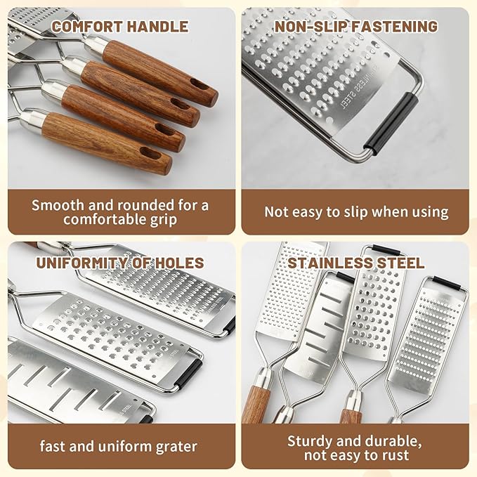 SHIKORI Stainless Steel Cheese Grater with Natural Wood Handle for Parmesan Cheese Lemon, Ginger, Cheese, Nutmeg, Potato, Chocolate and Garlic, With Protective Cover-Grinder