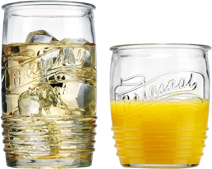Glaver's Original Mason Set of 8 Drinking Glasses 4-20 Oz Highball Glasses, and 4-13 Oz Whiskey Glass Cups For Everyday Home Use Water, Beer, Juice, Cocktail.