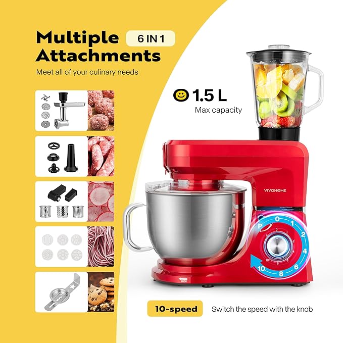 VIVOHOME 4.75 Quart Stand Mixer, 8 Speed Kitchen Electric Food Mixer with VIVOHOME 6 in 1 Multifunctional Stand Mixer with 8.5 Quart Stainless Steel Bowl