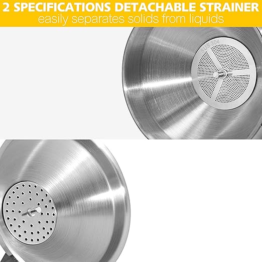Anaeat 3 Pack Stainless Steel Kitchen Funnel Set, Multi-Use Premium Metal Food Grade Cooking Funnels with 2 Removable Strainer Filter for Transferring Liquid or Dry Ingredients & 1 Pc Cleaning Brush