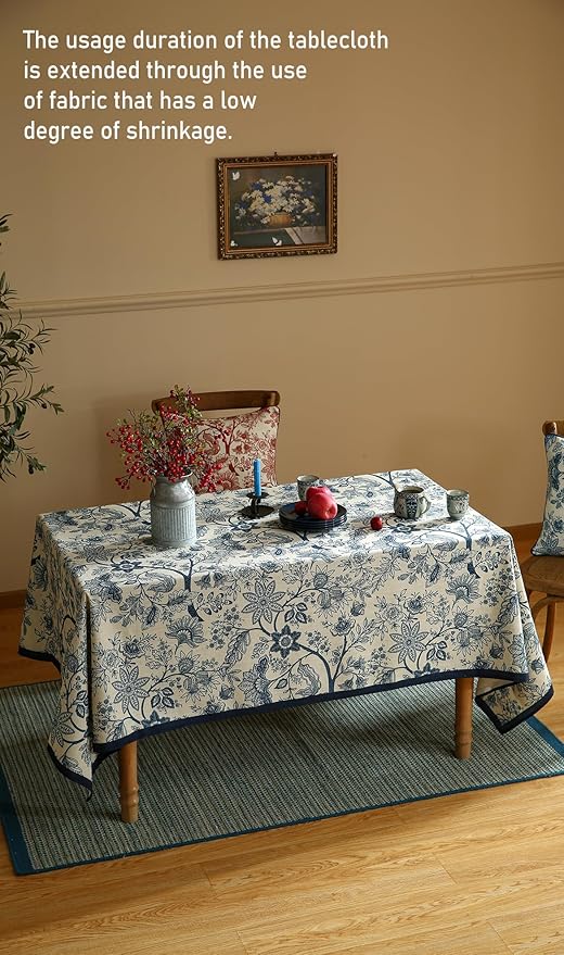 ISAENNE Designer French Linen Square Tablecloth,Blue Floral Washable Indoor Table Cloth,Durable Home Decor Tablecloths for Dining Thanksgiving Kitchen Tea Party Christmas,67"*67"-Ruyi B