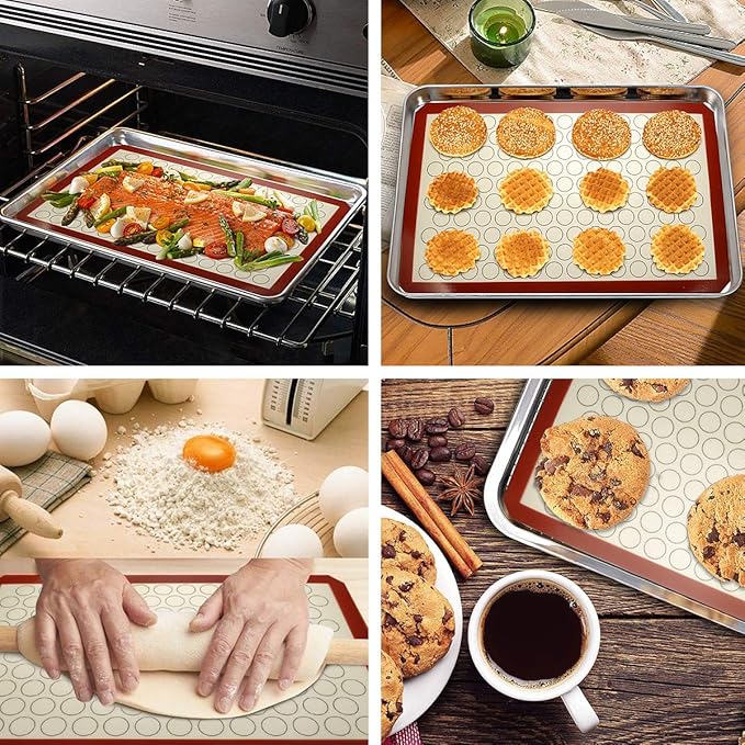 Wildone Baking Sheet with Silicone Mat Set, Set of 4 (2 Sheets + 2 Mats), Wildone Stainless Steel Cookie Sheet Baking Pan with Silicone Mat, Size 9 x 7 x 1 inch, Non Toxic & Heavy Duty & Easy Clean