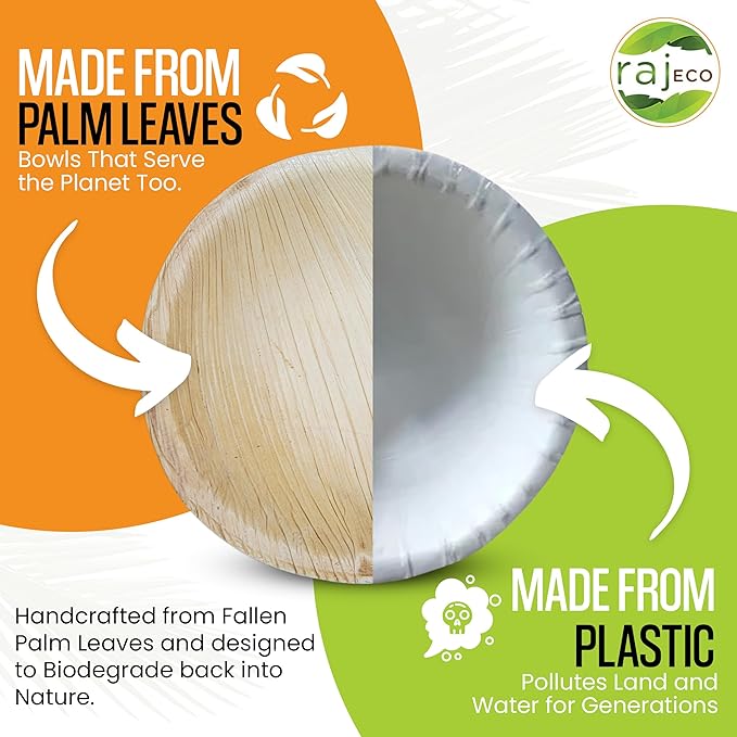 Raj Palm Leaf Bulk Bowls [50-Pack] 4" Round Bowls (10 CASES - 500 PACK) like Bamboo bowls Disposable, Strong, Decorative Compostable Tableware for weddings, Birthday, Camping, Outdoor