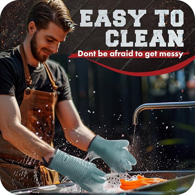 KITCHEN PERFECTION Silicone Smoker Oven Gloves -Extreme Heat Resistant BBQ Gloves -Handle Hot Food Right on Your Smoker Grill Fryer & Pit | Waterproof Oven Mitts |Superior Value Set+3 Bonuses