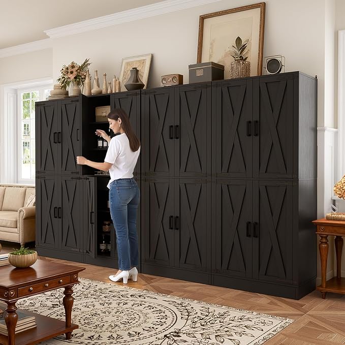 Unikito Kitchen Pantry Cabinet with Farmhouse Barn Doors and Storage Drawer, 8 Adjustable Shelves, Freestanding Tall 71" Cupboard for Dining Room, Living Room, Utility Room, Black 2 Pack