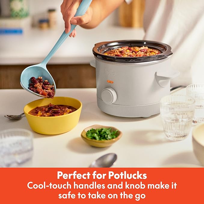 bella 1.5 Qt Slow Cooker with 3 Heat Manual Control, Ceramic Nonstick Coating, Dishwasher Safe Stoneware Pot and Tempered Glass Lid, Tangle Free Cord Wrap & Cool Touch Handles, Oatmilk
