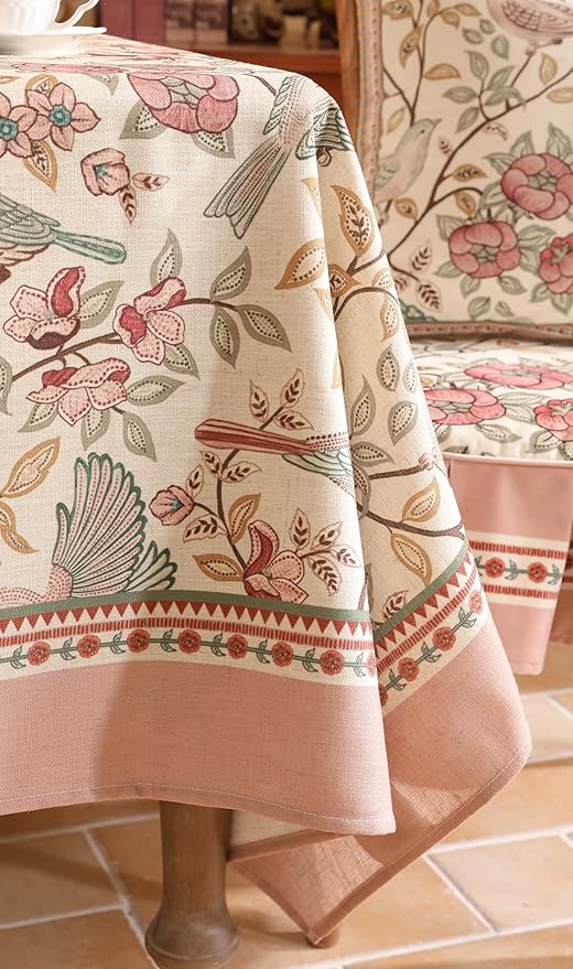 patdrea Designer Pink Linen Table Cloth for Sqaure Table,French Tablecloth with Birds Pattern,Small Colorful Decoration Cover for Kitchen Dining,Christmas,Party,Thanksgiving,55"x55"-Kulom a