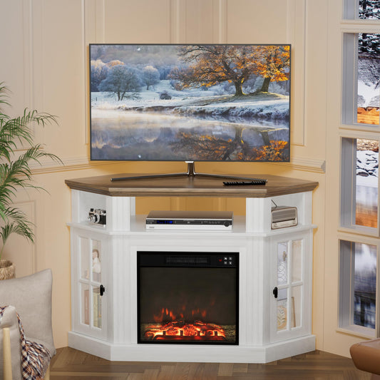 Furmax Fireplace Corner TV Stand for TV Up to 55 Inch, Modern TV Console with 18 Inch Electric Fireplace, Entertainment Center with Open Shelf and Storage Cabinets for Living Room, Antique White