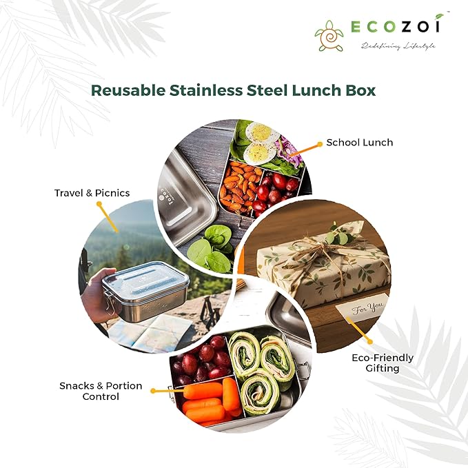 ecozoi Stainless Steel Lunch Box, 1-Tier Metal Bento Box Leak Proof with 5 Compartments, 50 Oz Metal Lunch Container, Meal Prep Food Container, with 50 ml Sauce Container