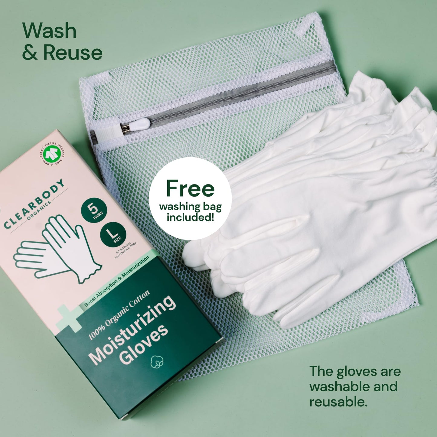 Clearbody Organics White Organic Cotton Gloves 5 Pairs (10 Pcs) – 100% Organic Cotton Gloves for Dry Hands –Reusable Moisturizing Gloves for Cracked Hands Repair (Medium)