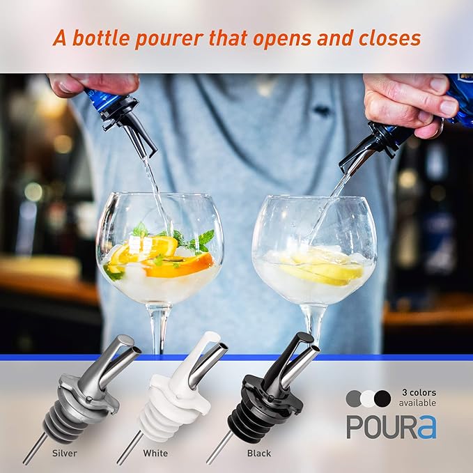 3-in-1 Liquor Pour spout with Built-in Fruit Fly Protection - Dishwasher Safe Hygienic Alcohol Speed Spouts - Also for Olive Oil, Juice, Syrup. Black 12 Pack with 2 Adapters for Large Neck Bottles