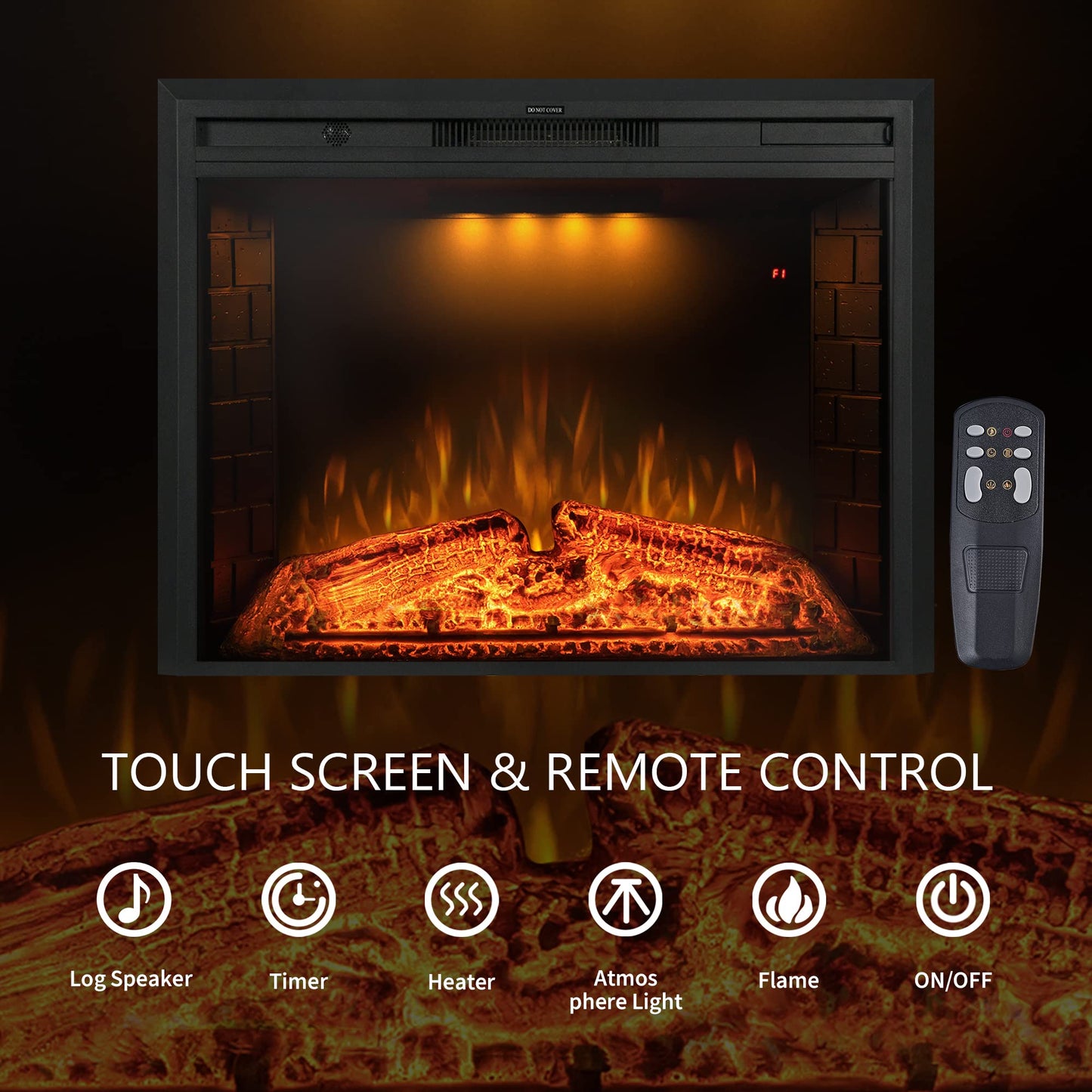 Benrocks 33'' Electric Fireplace Inserts, Recessed & Built in Wall Electric Fireplace Heater with Fire Crackling Sound, Adjustable Top Light & Flame Speed, Overheating Protection, 750/1500W Black