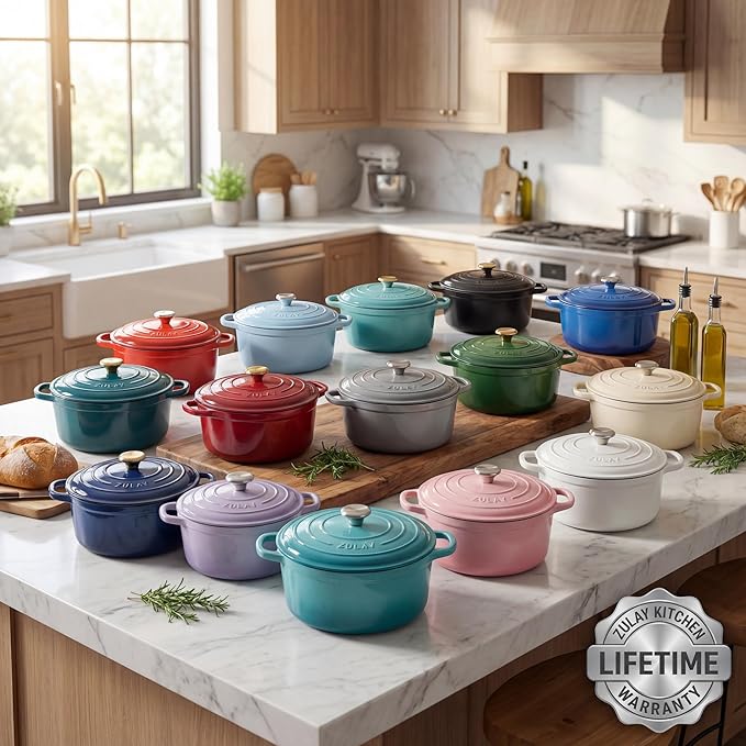 Zulay Kitchen 7.7 Quart Enameled Cast Iron Dutch Oven Pot with Lid – Premium Durability & Oven Safe up to 500°F – Heavy Duty Cookware Perfect for Bread Baking, Stews, Braising & Roasting – Emerald