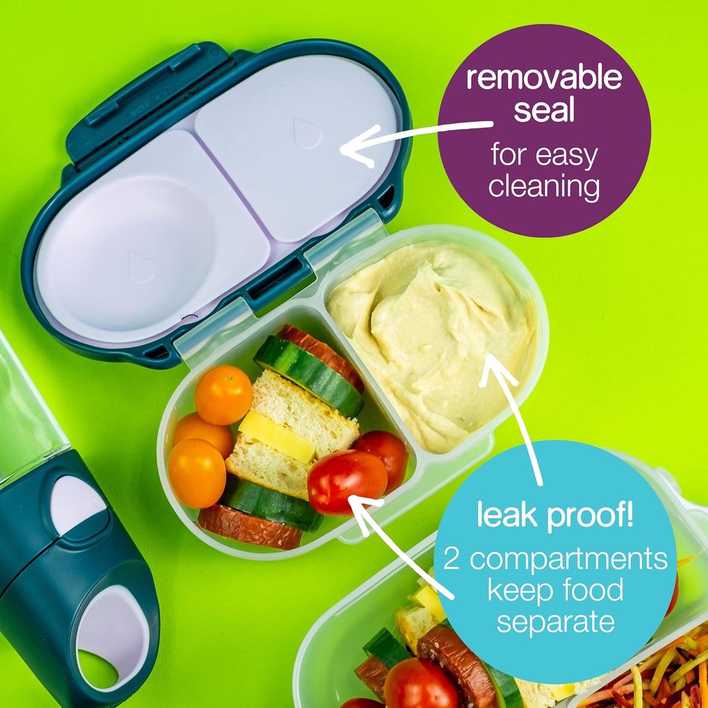 b.box Snack Box Reusable Snack Containers with Lids 2 compartments, Bento Box for kids and toddlers, Leakproof Lunch Box, BPA free and Dishwasher Safe Snack Container (Flamingo Fizz, 1 3/4 Cup)