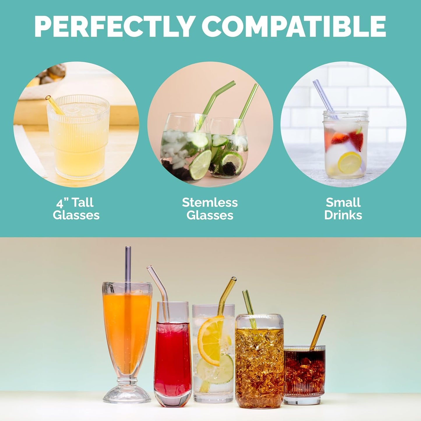 Simply Straws 6 Inch Glass Straws Bent (6-Pack) – Reusable Glass Straws for Low Balls & Stemless Glasses, with Cleaning Brush – Dishwasher Safe, Hot & Cold Use, BPA-Free (Iridium)