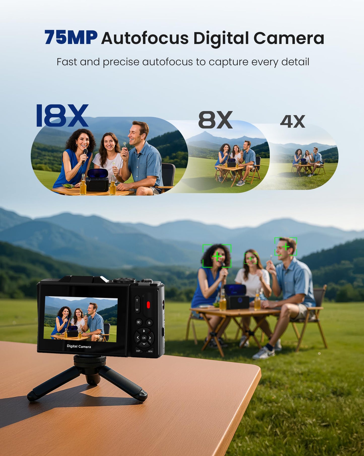 5K Digital Camera for Photography - 75MP Autofocus Vlogging Camera for YouTube with 64GB SD Card, WiFi, 18X Zoom 3" 180° Flip Screen Compact Travel Camera with 2 Batteries for Teens and Beginner
