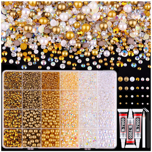 9000PCS Flatback Pearls and Rhinestones for Crafting, White Brown 3-10mm Resin Rhinestones and Half Pearls for Bedazzling, Nail Art and Dec with 3pcs B7000 Jewelry Glue, Tweezer and Pickup Pencil