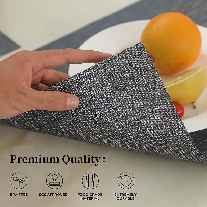 Leetaltree Denim Blue Placemats Set of 12 - Heat Resistant Non-Slip Place mats for Dining Table, Washable Durable PVC Vinyl Woven Table Mats（Denim Blue, 12）