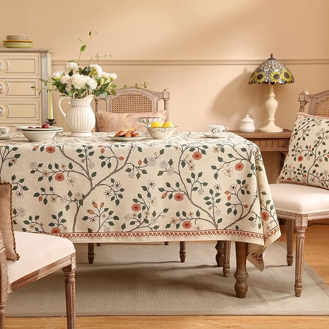 ISAENNE Designer Floral Small Square Tablecloth,French Linen Light Beige Indoor Table Cloth,Fall Wrinkle Resistant Decor Tablecloths for Dining Thanksgiving Kitchen Party,55"*55"-Flora A