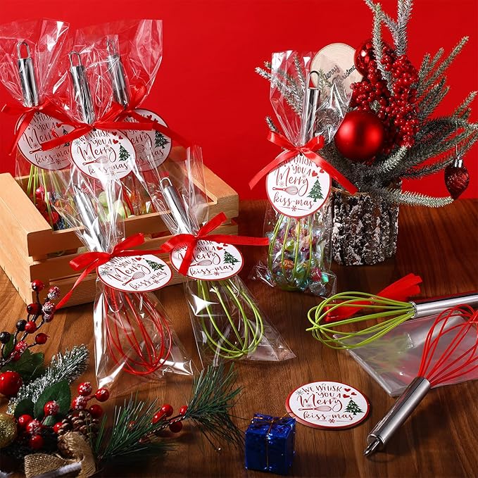 72 Sets 8 Inch Christmas Whisks Gifts DIY Fillable Christmas Tree Ornaments Xmas Colored Silicone Whisks for Cooking Heat Resistant Egg Beaters with Card Rope Bag for Candy Holder
