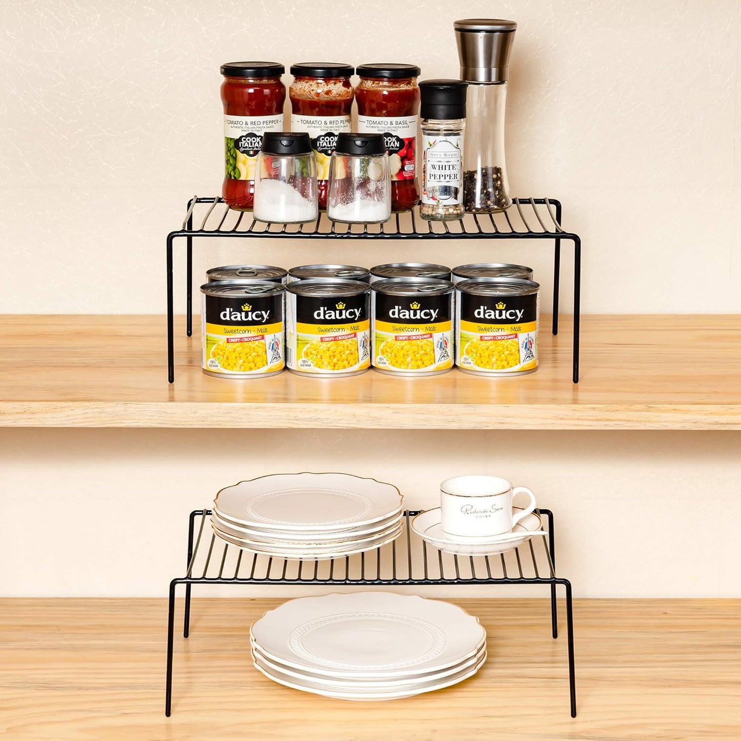 iPEGTOP Set of 6 Large (15.7 x 9.4 Inch) Kitchen Cupboard Organiser, Freezer Cabinet Storage Metal Shelf Wire Rack, Rustproof Steel Shelves for Fridge Pantries Countertops Utensils, Black