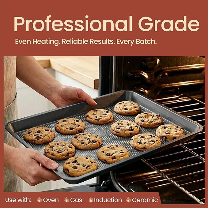 BAKKEN Kitchen Baking Pans - Small, Medium, and Large Cookie Pan (13.58×9.65, 15.75×11, 17.91×12.60), Nonstick, Diamond Texture Bottom, PFOA, PFOS, PTFE Free, Oven Safe Tray (450°F), Pack of 3, Gray