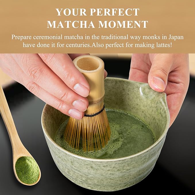 Matcha Whisk Set, Matcha Making Kit Whisk (Chasen Holder), Ceramic Whisk Holder (White), Bamboo Scoop, Powder Starter Sifter, Spoon Japanese Tea Tools For Ceremony Gift