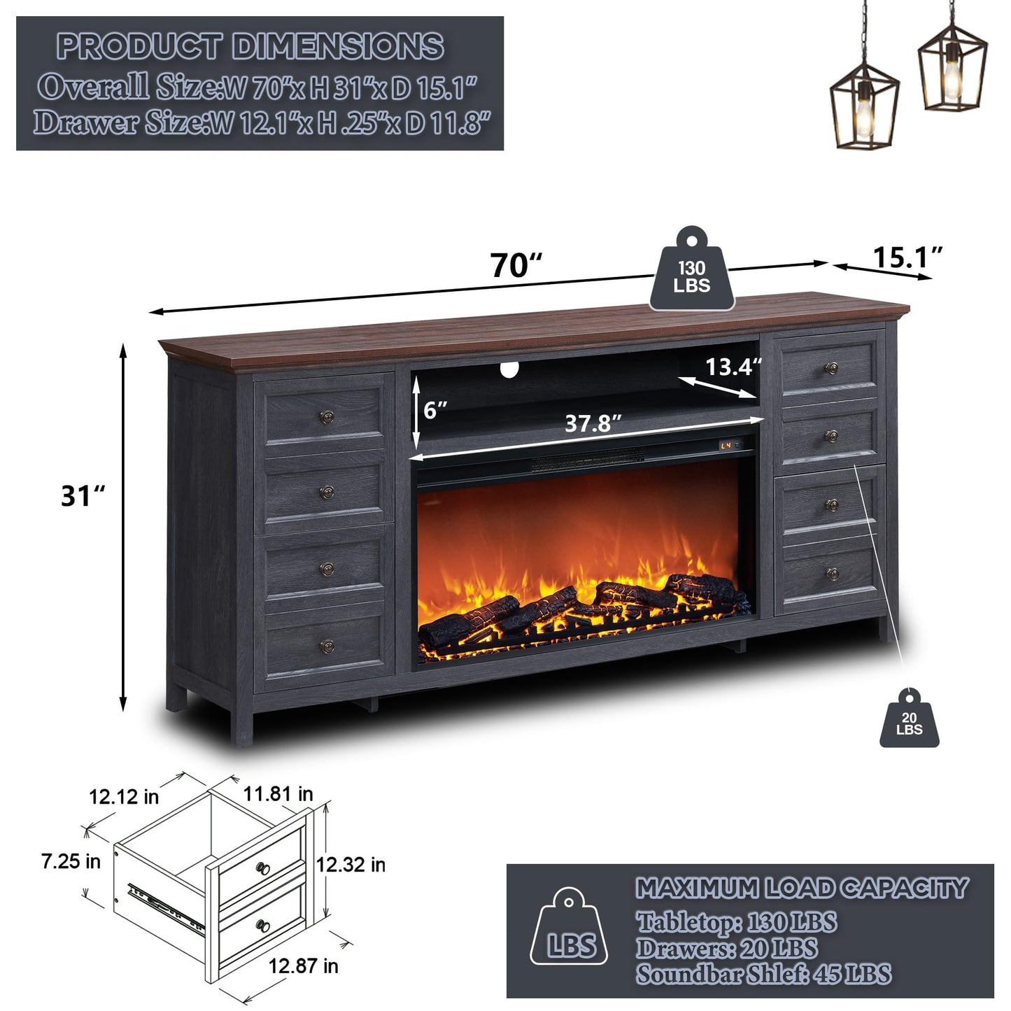 Fireplace TV Stand for TVs up to 80 Inches with 36" Electric Fireplace, 31" Farmhouse Tall Entertainment Center w/Drawer & Adjustable Shelves, Large Media Console for Living Room, 70inch, Dark Grey
