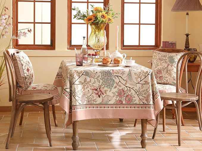 patdrea Designer Pink Linen Table Cloth for Rectangle Table,Vintage Floral with Birds Pattern Decorative Tablcloth,French Table Cover for Kitchen Dining,Thanksgiving,Christmas,55"x71"-Kulom a