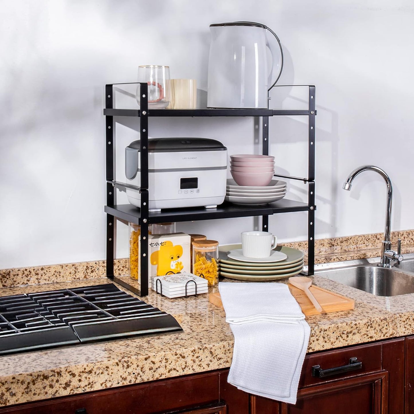 Expandable Cabinet Shelf Organizer Rack, Stackable Kitchen Counter Storage Shelves Stand, Adjustable Height Pantry Shelf Spice Rack (Black, 2 Pack)