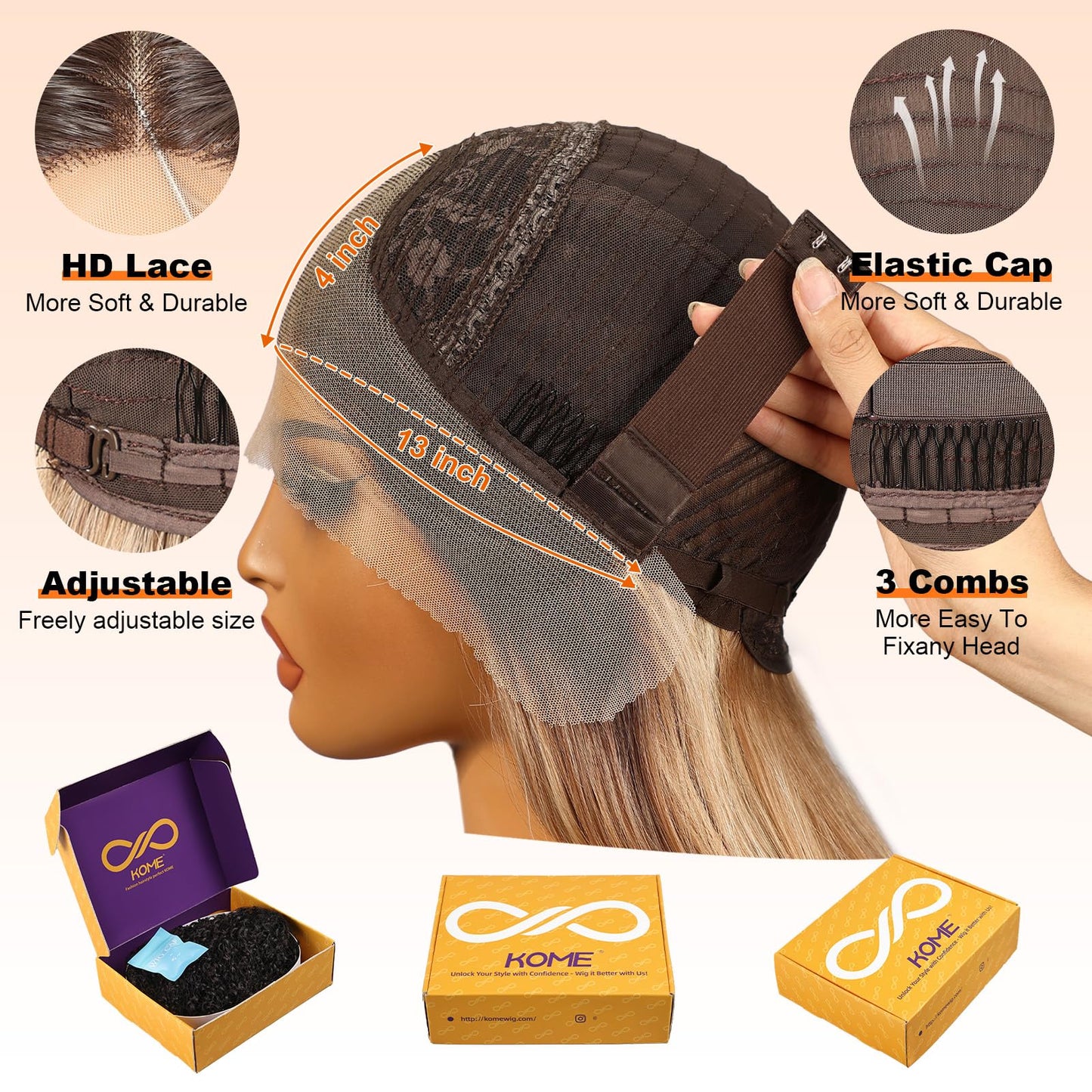 KOME Brown Synthetic Lace Front Wig,13x4 HD Lace Layered Wave Glueless Wigs for Women Daily Use 26IN